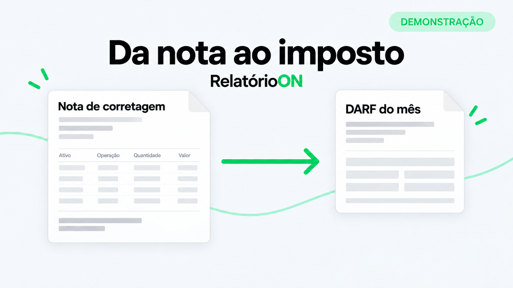 Ilustração do RelatórioON: da nota de corretagem ao DARF do mês.